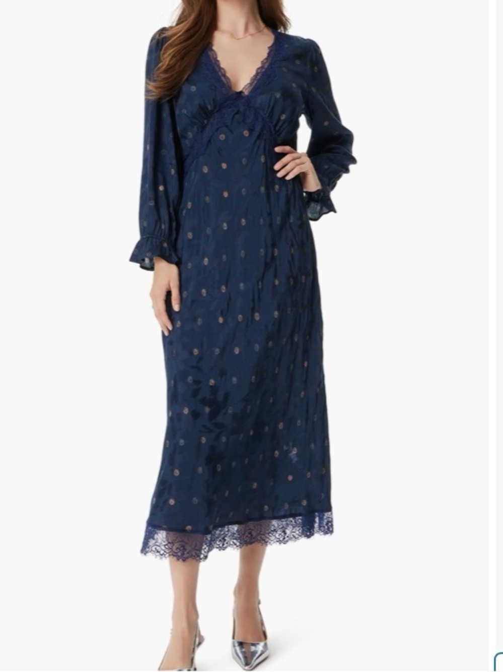 Sam Edelman Camila Lace Midi Dress V Neck Long Sleeve L